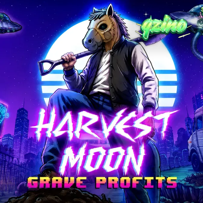 Interface sombria e atmosférica do jogo de slot Harvest Moon Grave Profits com elementos de terror corporal.